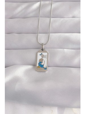 Yakup Tokatlı Moda Ytm- 316L Çelik Gümüş Renk Beyaz Mineli Kız Figür Tarot Kolye