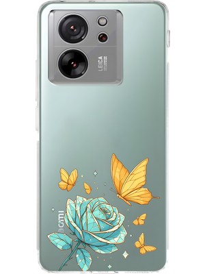 LOTUS GOLD Xiaomi Mi 13T/13T Pro Uyumlu Gül ve Kelebek Desenli Şeffaf Telefon Kılıfı
