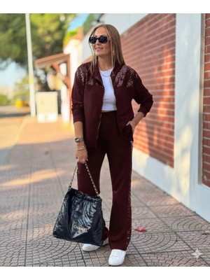 Lune Store Kadın Uzun Kollu Önden Fermuarlı Pul Payetli Alt Üst Viskon Iki Iplik Takım