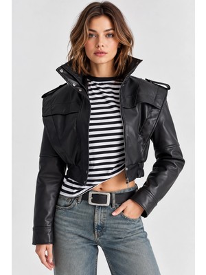 Mevese Kadın Dik Yaka Apolet Detaylı Biker Crop Suni Deri Ceket - Siyah