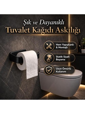 MSP Banyo Siyah Lamalı Tuvalet Kağıtlığı, Hem Yapışkanlı Hem Vidalı Montajlı Wc Kağıt Askılığı, Açık Uç Tasarımlı Banyo Tuvalet Kağıdı Tutucu, Mat Siyah Modern Kağıtlık