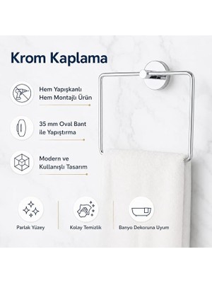 MSP Banyo Iris Krom Kaplama Kare Havluluk, Yapışkanlı ve Vidalı Montajlı Banyo Havlu Askısı, 35 mm Oval Bantlı