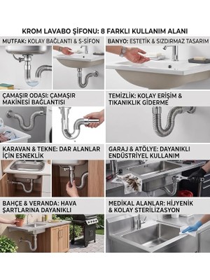 MSP Esnek Lavabo Sifonu Borusu - Bükülebilir Akordiyon Koku Önleyici Evye Gider Sifonu Seti (Mutfak, Banyo, Karavan & Bahçe Uyumlu)