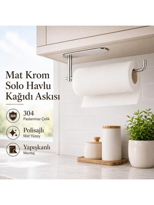 MSP Banyo Premium Mat Krom Solo Havlu Askısı, Yapışkanlı Dolap Altı Kağıt Havluluk, Paslanmaz Çelik Mutfak Havlu ve Kağıt Havlu Askısı, Modern Krom Tasarım, 5 Yıl Garantili