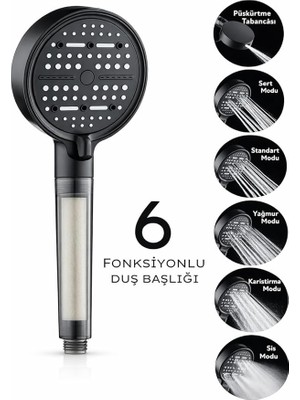 6 Fonksiyonlu Filtreli Duş Başlığı Yüksek Basınçlı Su Tasarruflu Filtre Sistemli Kireç ve Klor Önleyici Duş Başlığı