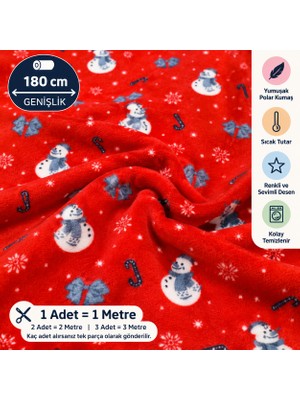 Ecotton Works 180 cm Genişlik Kırmızı Kardan Adam Desenli Ince Polar Kumaş – Metrelik Yumuşak Polar, Battaniye ve Koltuk Örtüsü Kumaşı