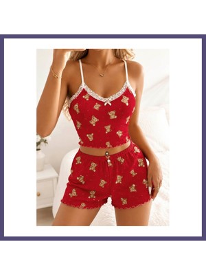 Teknokapsül Kadın Kırmızı Ayıcık Desenli Dantelli Yumuşak Askılı Şortlu Pijama Takımı 5264 · Beden: L/xl · Renk: Kırmızı Bzsth