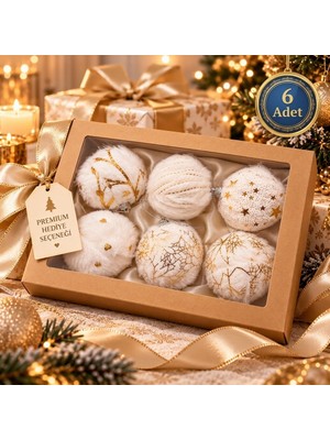 Devideko 6'lı Premium Yılbaşı Ağaç Süsü Seti – 6 cm Beyaz Tüylü & Altın Desenli Toplar (Hediye Kutulu)