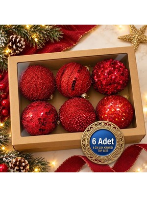 Devideko 6'lı Premium Yılbaşı Ağaç Süsü Seti – 6 cm Kırmızı Desenli Toplar (Hediye Kutulu)