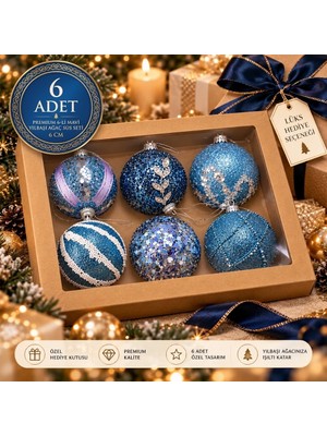 Devideko 6'lı Premium Yılbaşı Ağaç Süsü Seti – 6 cm Mavi Desenli Toplar (Hediye Kutulu)