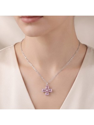 Nida Gümüş Kaplama Pembe Zirkon Taşlı Yonca Kadın Kolye | Toptan Çelik Kolye Nıda