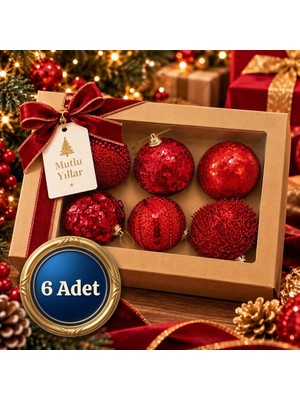 Devideko 6'lı Premium Yılbaşı Ağaç Süsü Seti – 8 cm Kırmızı Desenli Toplar (Hediye Kutulu)