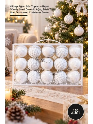 Yenilig 150 Adet Yılbaşı Ağacı Süs Topları – Beyaz Gümüş Simli Desenli, Ağaç Süsü Topu, Noel Ornament, Christmas Decor