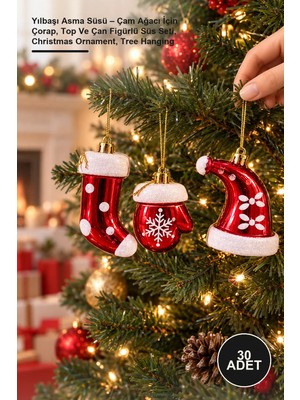 Yenilig 30 Adet Yılbaşı Asma Süsü – Çam Ağacı Için Çorap, Top ve Çan Figürlü Süs Seti, Christmas Ornament, Tree Hanging