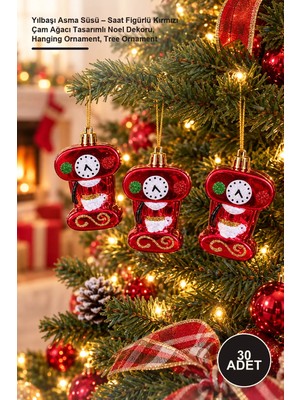 Yenilig 30 Adet Yılbaşı Asma Süsü – Saat Figürlü Kırmızı Çam Ağacı Tasarımlı Noel Dekoru, Hanging Ornament, Tree Ornament