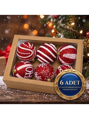 Devideko 6'lı Premium Yılbaşı Ağaç Süsü Seti – 8 cm Kırmızı Beyaz Desenli Toplar (Hediye Kutulu)