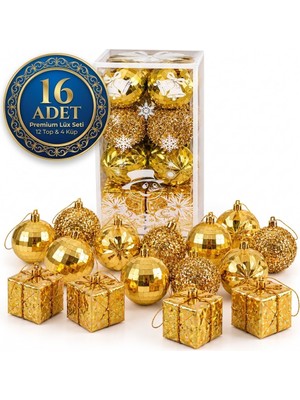 Devideko 16 Parça Premium Yılbaşı Ağaç Süsü Seti – 12 Adet 6 cm Top & 4 Adet 6 cm Küp Gold Süsler (Hediye Kutulu)
