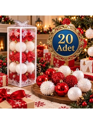 Devideko 20 Adet Premium Yılbaşı Ağaç Süsü Seti – 5 cm Kırmızı Beyaz Desenli & Dokulu Toplar (Şeffaf Kutu)