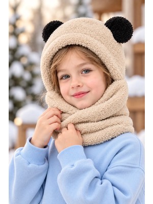 Homy Life Rüzgar Geçirmez Peluş Ayı Kulaklı Çocuk Kapüşonlu Şapka Bere Kışlık Welsoft Atkı Boyunluk Şal - Çok Fonksiyonlu Polar Kapüşonlu Şapka Bere Rüzgar Geçirmez Kışlık Atkı Boyunluk Şal Yüz Kar Maskesi