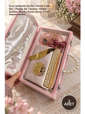 Yenilig 2 Adet Incili Hediyelik Kur'an-I Kerim Çanta Set – Pembe Şık Tasarım, Hediye Çantası, Kur'an Kuran Quran Pouch
