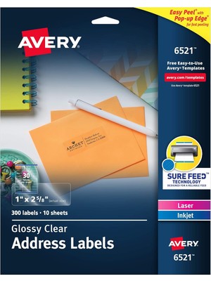 TeknoKapsül Avery Lazer ve Mürekkep Püskürtmeli Yazıcılar Için 6521 Parlak Kristal Netliğinde Adres Etiketleri, 1 "x 2-5/8", 300 Etiket