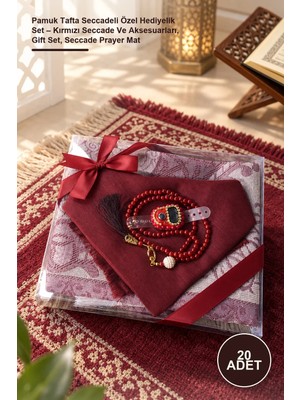 Yenilig 20 Adet Pamuk Tafta Seccadeli Özel Hediyelik Set – Kırmızı Seccade ve Aksesuarları, Gift Set, Seccade Prayer Mat