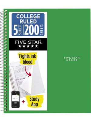 TeknoKapsül Five Star Spiral Defter + Çalışma Uygulaması, 5 Konu, Kolej Çizgili Kağıt, Mücadele Mürekkep Kanaması, Suya Dayanıklı Kapak, 200 Yaprak, Yeşil (72079)