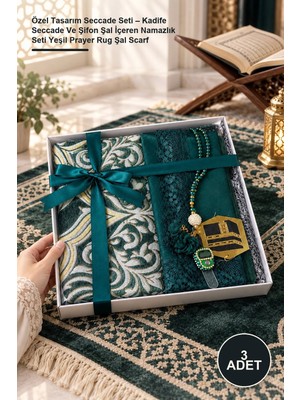 Yenilig 3 Adet Özel Tasarım Seccade Seti – Kadife Seccade ve Şifon Şal Içeren Namazlık Seti Yeşil Prayer Rug Şal Scarf