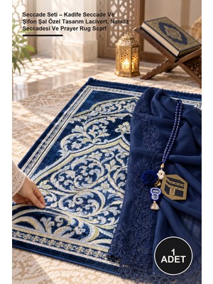 Yenilig 1 Adet Seccade Seti – Kadife Seccade ve Şifon Şal Özel Tasarım Lacivert, Namaz Seccadesi ve Prayer Rug Scarf