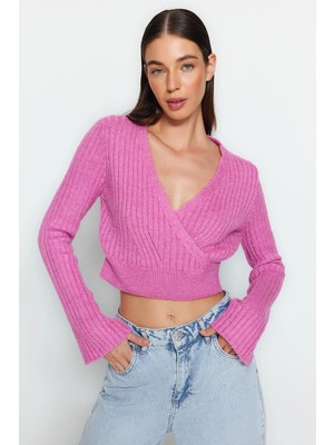 TeknoKapsül Pembe Crop Yumuşak Dokulu Kruvaze Triko Kazak TWOAW24KZ00381
