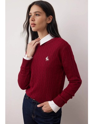 TeknoKapsül Bordo At Nakışlı Saç Örgü Ince Triko Kazak TWOAW26KZ00122