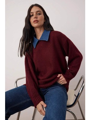 TeknoKapsül Bordo Denim Yaka Garnili Yumuşak Dokulu Triko Kazak TWOAW26KZ00278