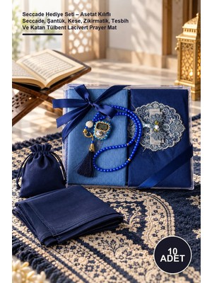 Yenilig 10 Adet Seccade Hediye Seti – Asetat Kılıflı Seccade, Şantük, Kese, Zikirmatik, Tesbih ve Katan Tülbent Lacivert Prayer Mat
