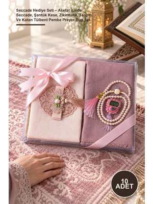 Yenilig 10 Adet Seccade Hediye Seti – Asetat Içinde Seccade, Şantük Kese, Zikirmatik, Tesbih ve Katan Tülbent Pembe Prayer Rug Set