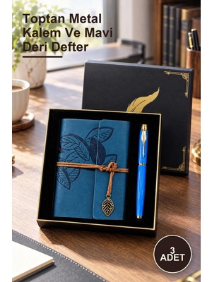 Yenilig 3 Adet Toptan Metal Kalem ve Mavi Deri Defter
