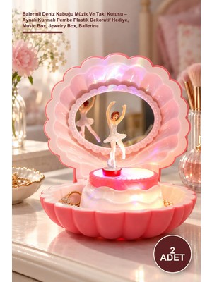 Yenilig 2 Adet Balerinli Deniz Kabuğu Müzik ve Takı Kutusu – Aynalı Kurmalı Pembe Plastik Dekoratif Hediye, Music Box, Jewelry Box, Ballerina