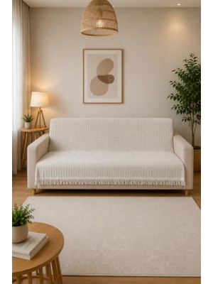 aklow akyoleticaret Çift Taraflı Buldan Dokuma Pamuklu Koltuk Örtüsü 170X210 cm – Çekyat Örtüsü Geometrik Desenli Koltuk Şalı - Ekru