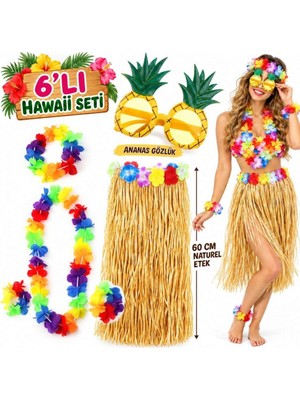 Bucuks Hawaii Parti Kostüm Seti - 60 cm Hasır Etek, Çiçekli Aksesuarlar ve Ananas Gözlük Bcks