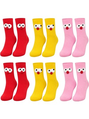 TKÇ Kutulu 3D Gözlü Ponponlu Soket Çorap 6'lı Set | Kırmızı Sarı Pembe Renkli Eğlenceli Hediyel
