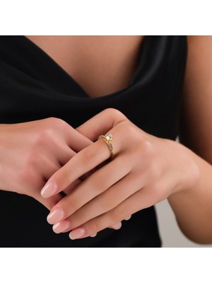 TKÇ Kadın Gold Renk Tektaş Yüzük-18 Numara, 19 mm Iç Çap, Taşlı Zarif Model