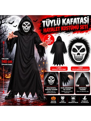 Bucuks Tüylü Eva Kafatası Maskeli Siyah Hayalet Kostümü – 140 cm Bcks