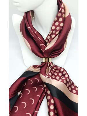 Nd Jewelry Bordo Pudra Puantiyeli Gold Halkalı Fular (65x65 cm)