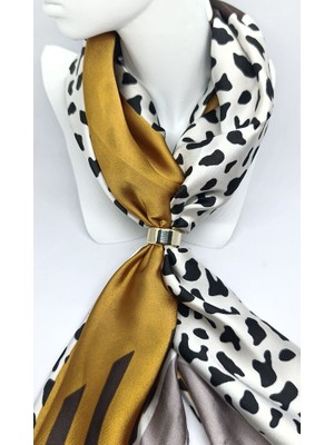 Nd Jewelry Hardal Krem Leopar Desenli Gold Halkalı Fular (65X65 Cm)
