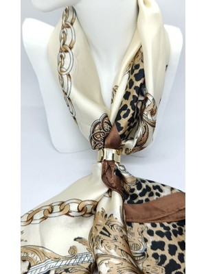 Nd Jewelry Krem Leopar ve Zincir Desenli Gold Halkalı Fular (65x65 cm)
