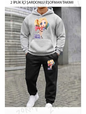 Zoka Wear Suicide Squad Harley Quinn Anime Tasarim Baskılı Üst Gri Alt Siyah Kapşonlu Takım