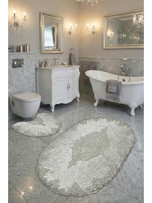 Milas Kaymaz Taban, Kadife Dantel Detaylı 2'li Süper Lüks Oval Banyo Paspası Seti, Beyaz, 60X100 cm