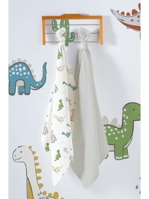 Pamuklu Muslin Örtü Çok Renkli 75X75 cm Çok Amaçlı 2'li Set Dinozor Desenli Bebek Battaniyesi