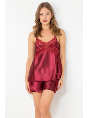 Guguk Store Ince Askılı Dantelli Saten Şortlu Takım,bordo M