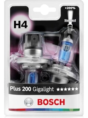 Bosch H4 Plus 200 Gigalight Halojen Ampul, Araç Farları Için, 12 V 60/55 W, %200 Daha Fazla Işık - Lamba Duyu Tip P43T - 2'li Paket Yedek Far Ampulü