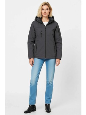 Ersefa Kadın Su Geçirmez Softshell Polar Astarlı Çıkarılabilir Kapüşonlu 4 Cepli Mont Ceket Günlük Modern